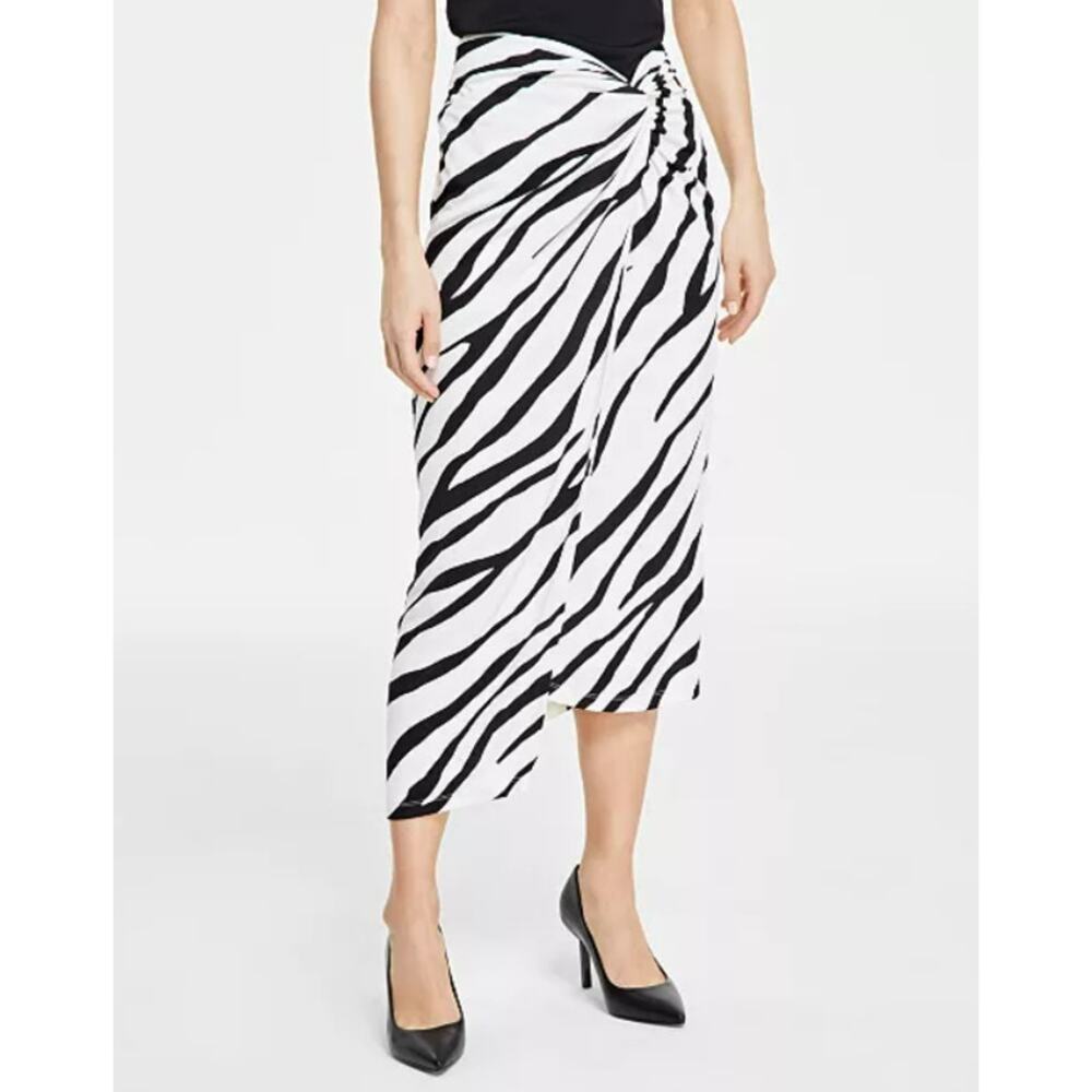 INC International Concepts Women Midi Twist Skirt Zebra Print Black White XL